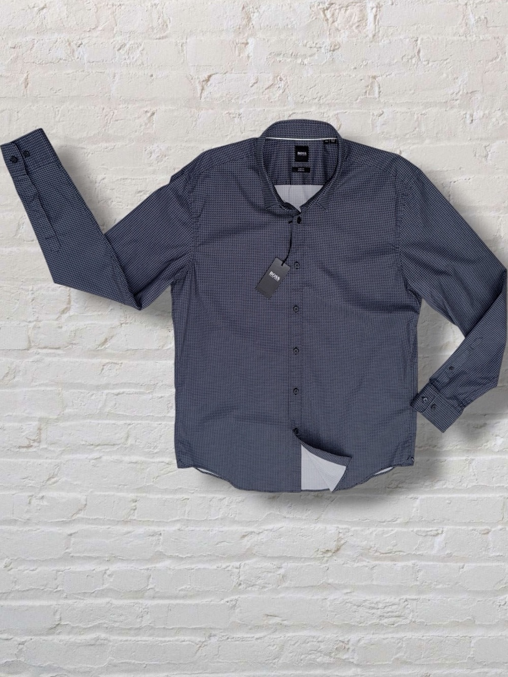 NWT Hugo Boss Ronni Slim Fit Stretch XXL Navy Geometric Print Dress Shirt $148 - Picture 11 of 16